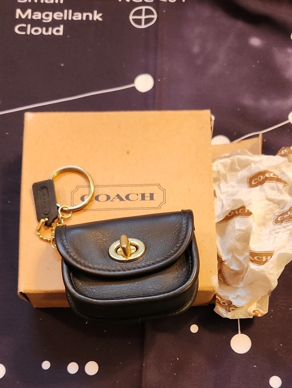 Coach Black Leather Mini Turnlock Key Pouch with Gold Hardware